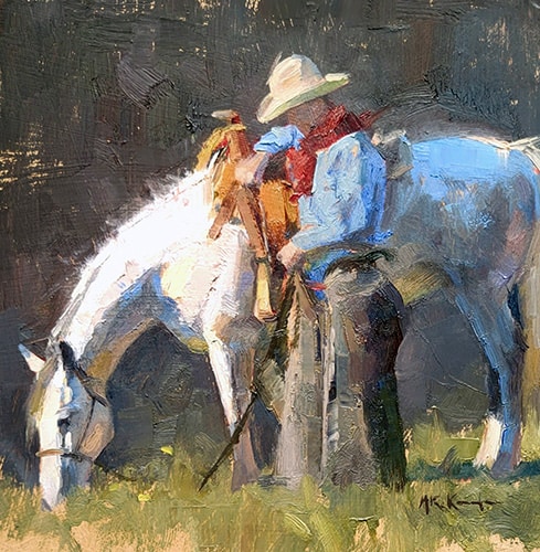 Grazing Gray horse and cowboy painting