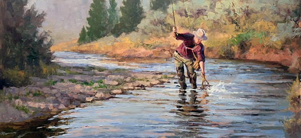 Landing Rainbows fishing in river painting