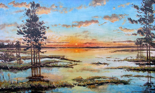 Daybreak trees on water painting
