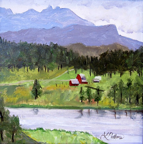 barn and lake painting