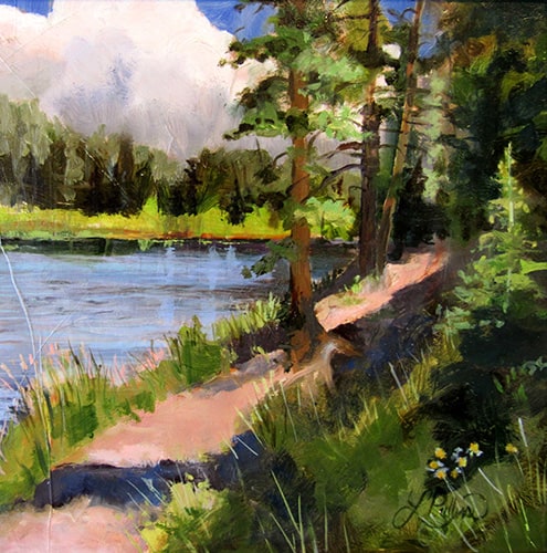 lakeshore and trees painting